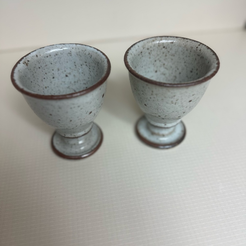 DANSK Exquisite EUC Vintage Hand Thrown Pottery Goblets Blue Brown Speckled